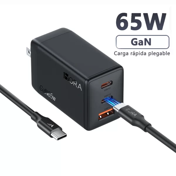 Cargador 65W PD GaN con 3 puertos GAR322 1HORA - Imagen 3