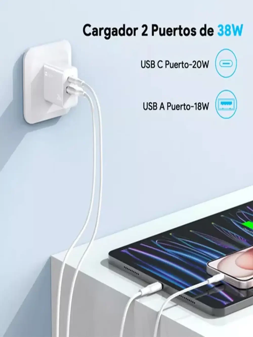 Cargador 2 En 1 Carga Rápida 20w Salida Dual + Cable Tipo C GAR162 1HORA - Image 4